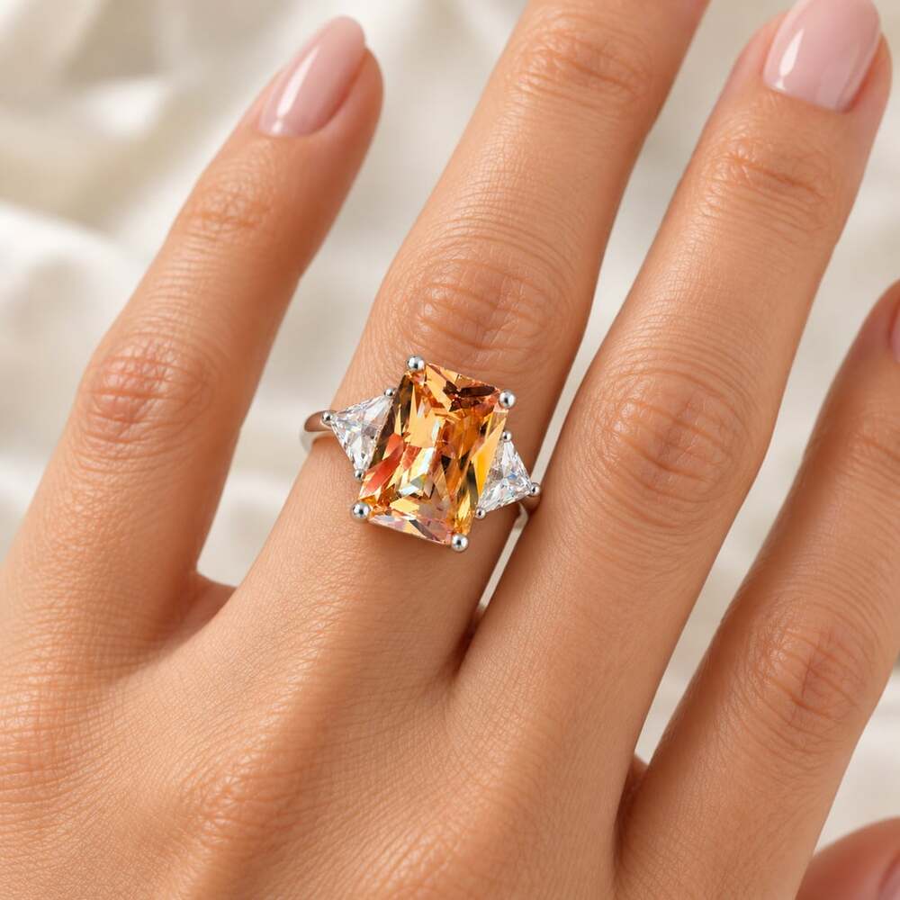 Custom Art Deco Three-Stone Ring Size 7.5 Champagne CZ Silver